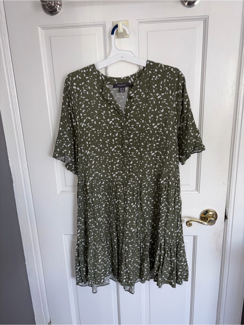 Primark Olive Green & White Printed V-Neck Tiered Mini Dress